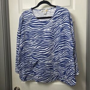 C&C California Blue White Cotton Oversized Zebra Print Blouse Resortwear Med.